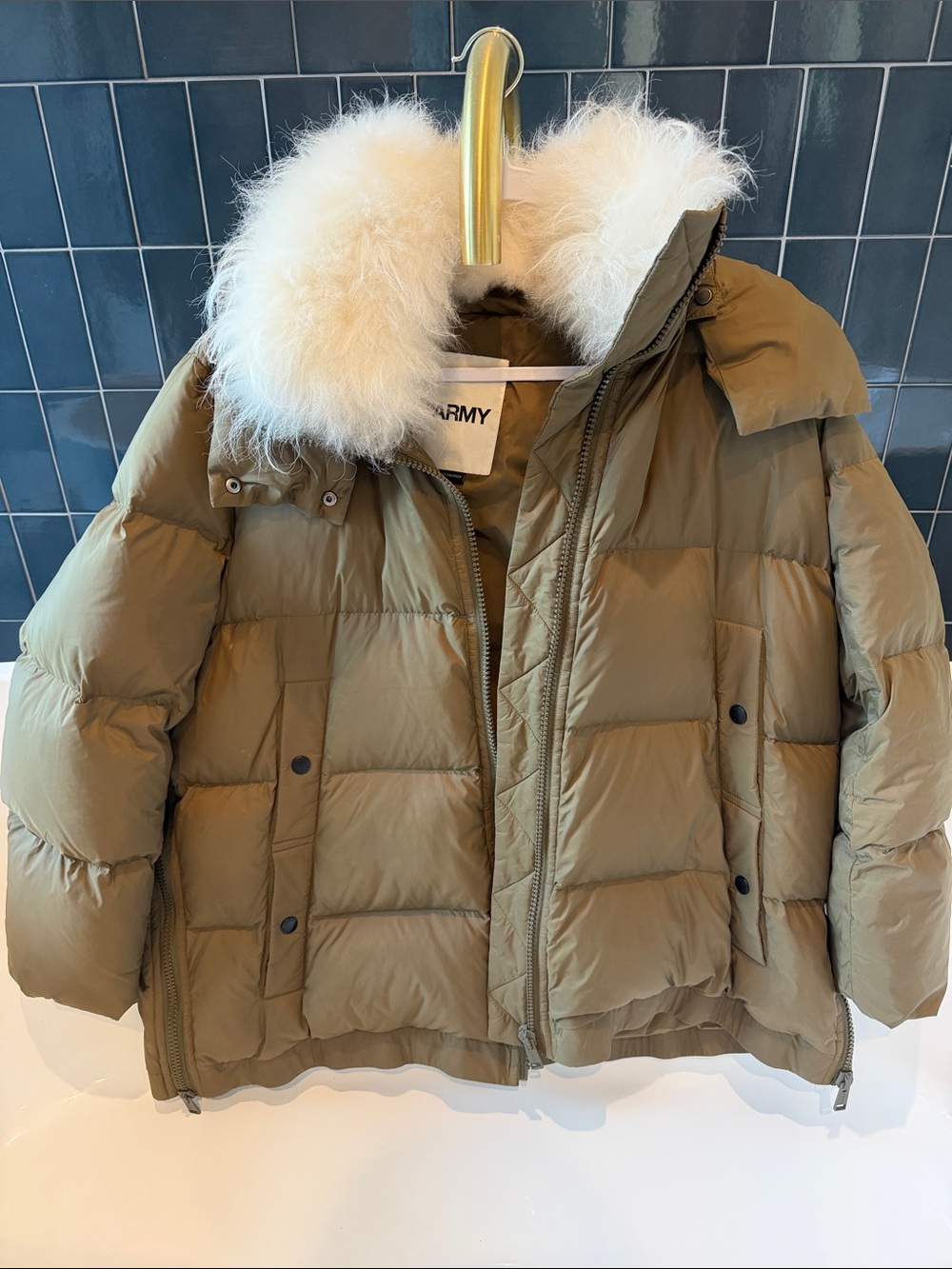 Yves Salomon Army Olive Green Quilted Puffer with Fur collar detachable Hood